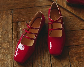 Red Mary Janes With Triple Strap From Soft Patent Leather Square
