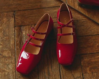 Red Mary Janes with Triple Strap from Soft Patent Leather, Square Toe Flat Shoes, Vintage Mary Jane Shoes, Retro Style Shoe on Low Heels