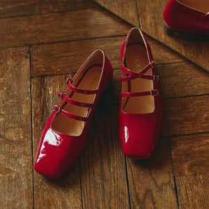 Red Mary Janes With Triple Strap From Soft Patent Leather 