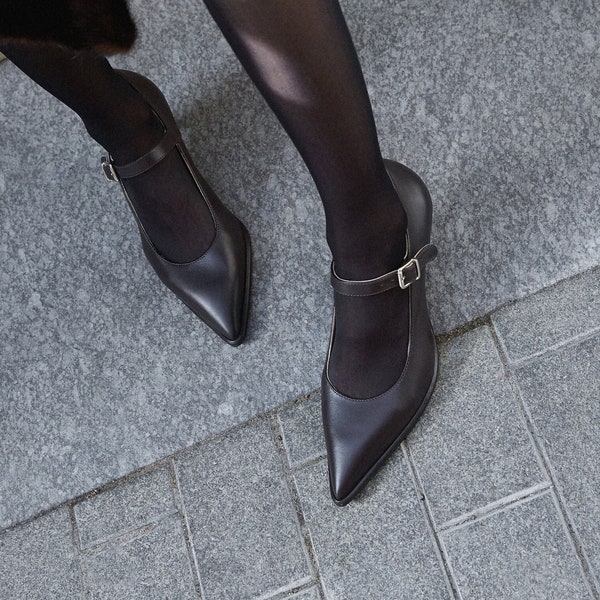 Mary Janes with Low Pointy Heel, Dark Brown Leather Women Shoes with Pointy Toe, Handmade Office Pumps with Arch Strap