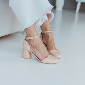 Milky Women Sandals with Low Block Heels, Beige Pumps with Closed Round Toe and Ankle Strap, Leather Summer Heels, Classic Dress Shoes