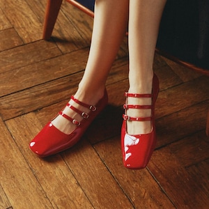 Red Mary Janes with Triple Strap from Glossy Patent Leather, Square Toe Flat Shoes, Vintage Mary Jane Shoes, Retro Style Everyday Low Shoe