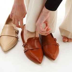 Beige Women Loafers, Soft Flat Heels with Pointed Toe in Genuine Leather, Slip on Flat Slide Shoes, Off White Milky Softback Penny Loafers