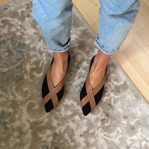 Black Leather Ballet Flats, Criss Cross Slippers on Low Heels, Slip On Ballet Pumps with Closed Pointy Toe, Handmade Woman Ballerinas
