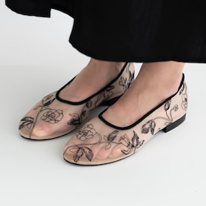 Beige Mesh Flats With Black Embroidery and Trim, Fishnet