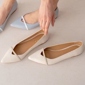 Milky White Flats with Pointed Closed Toe and Decorative Strap, Flat Women Shoes from Soft Leather, Creamy Beige Women Ballet Shoes