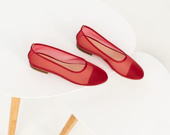 Red Mesh Flats with Almond Closed Toe and Genuine Leather Insole, Fishnet Ballet Shoes, Sheer Women Flat Shoes, Romancecore Jelly Shoes