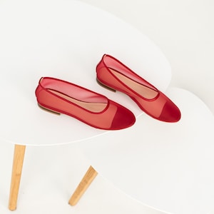 Red Mesh Flats with Almond Closed Toe and Genuine Leather Insole, Fishnet Ballet Shoes, Sheer Women Flat Shoes, Romancecore Jelly Shoes