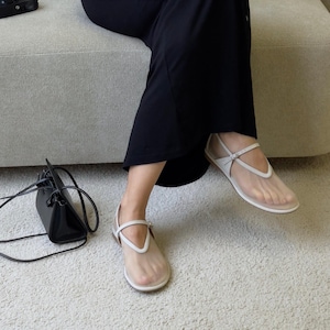 Beige Mesh Flats with Anatomically Shaped Toe and V-cut Vamp, Fishnet Sheer Ballet Shoes, Women Flat Barefoot Slip On Shoes with Arch Strap