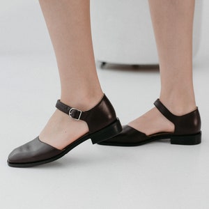 Brown Square Toe Mary Janes in Leather, Women Flats Shoes, Low Block Heel Mary Janes with Brown Strap, Custom Wide Ballet Flat Silver Buckle image 2