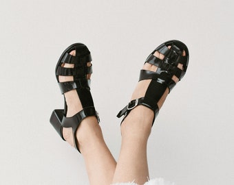 Black Women Fisherman Sandals, Leather Gladiator Buckle Closed Toe Sandals, Summer Sandals, Mid Heel Shoes with Open Back and T-Strap