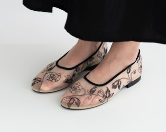Beige Mesh Flats with Black Embroidery and Trim, Fishnet Ballet Shoes with Genuine Leather Insole, Slip On Women Flat Shoes, Sheer Flats