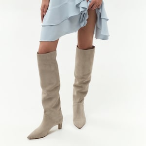 Light Grey Knee High Boots with Kitten Heel, Women Over The Knee Boots with Pointy Toe, Suede Knee Boots For Women with Low Slim Heel