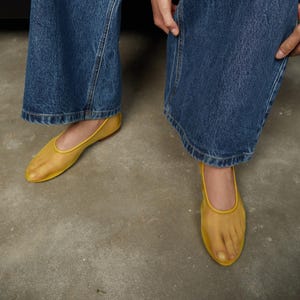 Yellow Mesh Flats with Almond Closed Toe and Genuine Leather Insole, Fishnet Flat Ballet Shoes, Women Sheer Slip On Ballerinas, Jelly Shoes