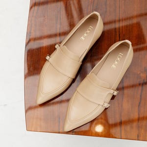 Beige Women Loafers, Soft Flat Heels with Pointed Toe in Genuine Leather, Slip on Flat Slide Shoes, Off White Milky Softback Penny Loafers