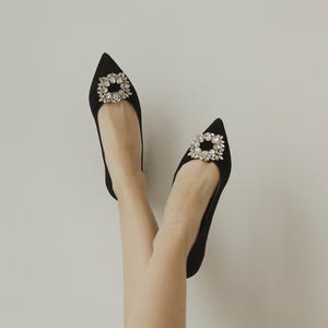 Black Ballet Flats with Closed Pointy Toe, Natural Suede Ballet Shoes with Crystal Decor, Slip on Handmade Bridesmaid Pumps on Low Heel