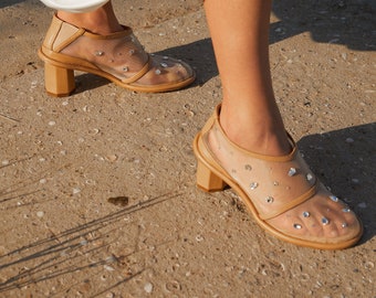 Botas de malla beige con tacón de bloque medio, botines de punta cerrada con empeine alto y almendra, zapatos de tobillo transparentes de rejilla, tacones transparentes, regalo para ella