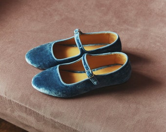 Blue Mary Janes with Arch Strap from Soft Velvet, Almond Toe Handmade Women Flats, Vintage Retro Style Ballet Shoe, Royal Blue Ballet Flats