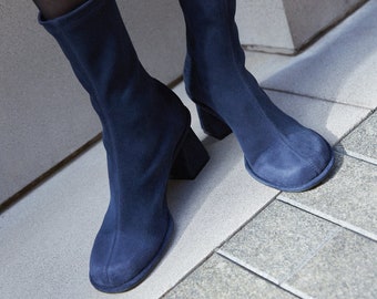 Blue Ankle Boots with Low Block Heel, Women Ankle Booties with Almond Toe and Zipper, Blue Boots For Women, Vegan Suede Autumn Boots