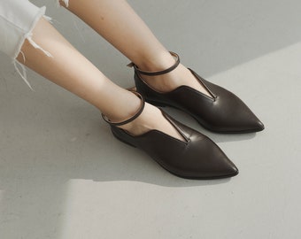 Brown Leather Ballet Flats with Notched Vamp (V-cut) and Leather Ankle Strap, Handmade Low Heels Ballet Shoes, Custom Women Ballerina Shoes