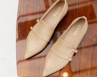 Beige Women Loafers, Soft Flat Heels with Pointed Toe in Genuine Leather, Slip on Flat Slide Shoes, Off White Milky Softback Penny Loafers