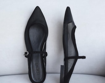 Black Mesh Flats with Black Suede, Slingback Fishnet Ballet Shoes with Closed Pointy Toe, Slip On Women Flat Shoes with Arch Strap