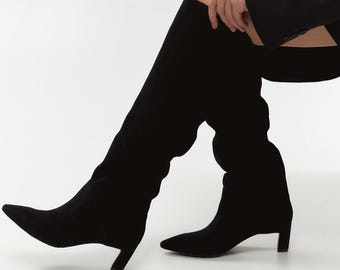 Black Knee High Boots with Kitten Heel, Women Over The Knee Boots with Pointy Toe, Suede Knee Boots For Women with Low Slim Heel