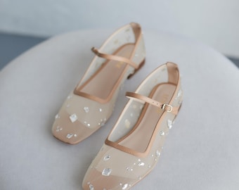 Beige Mesh Mary Janes with Crystals Embroidery and Square Closed Toe, Fishnet Ballet Shoes, Transparent Women Barefoot Flat Shoes