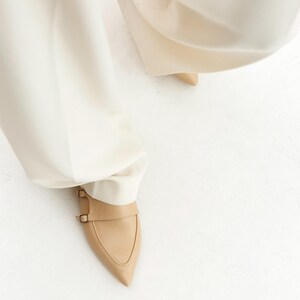 Beige Women Loafers, Soft Flat Heels with Pointed Toe in Genuine Leather, Slip on Flat Slide Shoes, Off White Milky Softback Penny Loafers