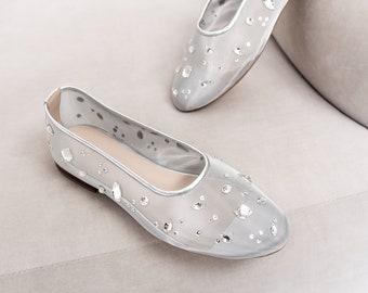 Silver Mesh Flats with Rhinestone Embroidery and Almond Toe, Fishnet Ballet Shoes with Genuine Leather Insole, Slip On Women Flat Shoes