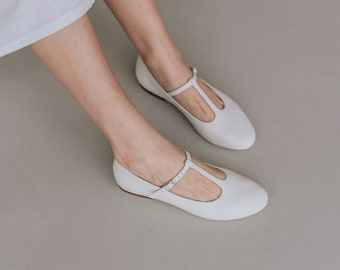 Milky White T-Strap Mary Jane Flats with Closed Almond Toe, Off White Women Shoes, Leather Women Retro Style Shoes, Vintage Ballet Flats