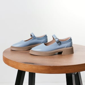 Light Blue Mary Janes, Almond Toe Handmade Chunky Oxford Flats from Genuine Leather, Vintage Retro Style Everyday Shoes with Arch Strap
