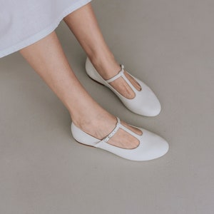 Milky White T-Strap Mary Jane Flats with Closed Almond Toe, Off White Women Shoes, Leather Women Retro Style Shoes, Vintage Ballet Flats