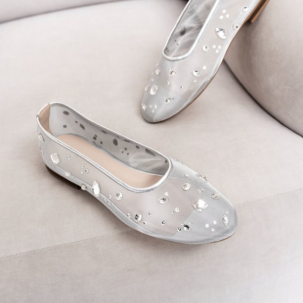 Silver Mesh Flats with Rhinestone Embroidery and Almond Toe, Fishnet Ballet Shoes with Genuine Leather Insole, Slip On Women Flat Shoes