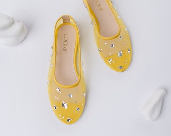 Yellow Mesh Flats with Rhinestone Embroidery and Almond Toe, Fishnet Ballet Shoes with Genuine Leather Insole, Slip On Women Flat Shoes