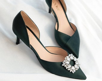 Emerald Green Satin Women Pumps, Handmade D'Orsay Pump with Low Kitten Heel, Handmade Evening Satin Shoes with Closed Pointy Toe