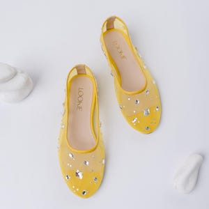 Yellow Mesh Flats with Rhinestone Embroidery and Almond Toe, Fishnet Ballet Shoes with Genuine Leather Insole, Slip On Women Flat Shoes