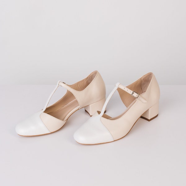 T-Strap Mary Jane Woman Shoes with Almond Toe, Cream Beige Women Shoes Block Heel, Leather Women Vintage Retro style Shoes, Ballet Flats