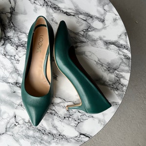 Emerald Green Pumps with Low Kitten Heel from Genuine Leather, Classic Handmade Evening Women Shoes with Slim Heel and Closed Pointy Toe