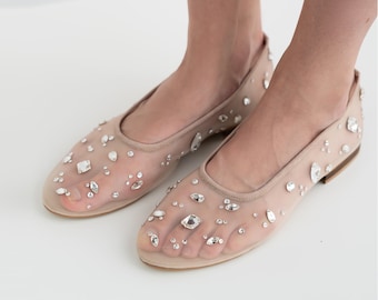 Beige Mesh Flats with Rhinestone Embroidery and Almond Toe, Fishnet Ballet Shoes with Genuine Leather Insole, Slip On Women Flat Shoes