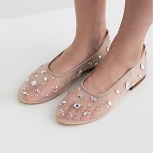 Beige Mesh Flats with Rhinestone Embroidery and Almond Toe, Fishnet Ballet Shoes with Genuine Leather Insole, Slip On Women Flat Shoes