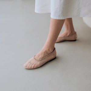 Beige Mesh Flats with Almond Closed Toe and Genuine Leather Insole, Fishnet and Suede Ballet Shoes, Women Flat Slip Ons, Jelly Shoes