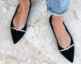 Black Pointed Toe Flats from Genuine Suede, Women Flat Shoes, Black Wedding Shoes with Pointy Toe, Black Ballet Flats with Golden Strap