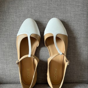 T-Strap hecho a mano Mary Jane Mujer Flats con punta de almendra, zapatos de damas de honor beige de cuero genuino suave, zapatos de boda para mujer, bailarinas planas imagen 3
