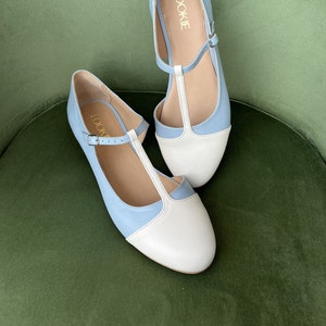 T-Strap Mary Janes Shoes Woman Flats with Almond Toe, White Blue Women Shoes, Leather Women Vintage Retro Style Shoes, Buckled Ballet Flats