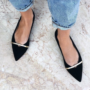 Black Pointed Toe Flats from Genuine Suede, Women Flat Shoes, Black Wedding Shoes with Pointy Toe, Black Ballet Flats with Golden Strap