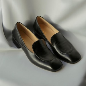 Black Loafers with Square Closed Toe, Handmade Softback Slip Ons in Soft Leather with Low Block Heels, Leather Women Penny Loafers Wide Fit