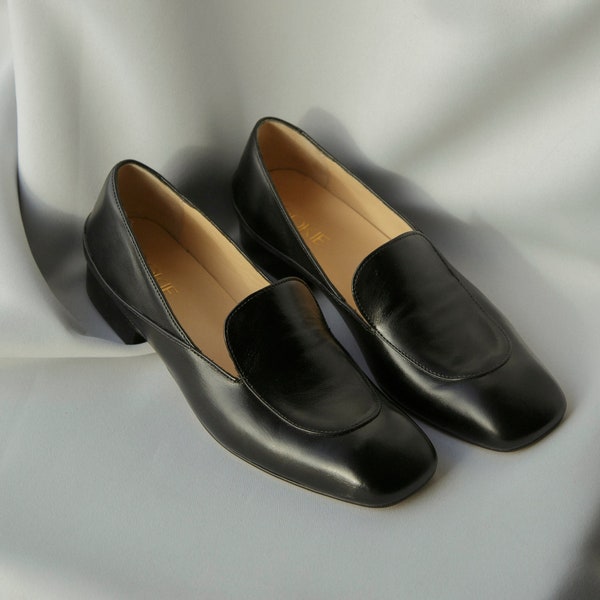 Black Loafers with Square Closed Toe, Handmade Softback Slip Ons in Soft Leather with Low Block Heels, Leather Womens Loafers, Gift for Her