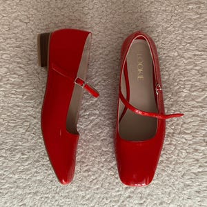 Red Mary Janes with Arch Strap from Patent Leather, Square Toe Flat Shoes, Vintage Mary Jane, Retro Style Everyday Shoe with Silver Buckle