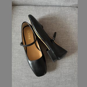 Black Mary Janes Handmade from Natural Leather, Women Square Toe Flats, Vintage Mary Jane Shoes, Retro Style Everyday Shoe Silver Buckle